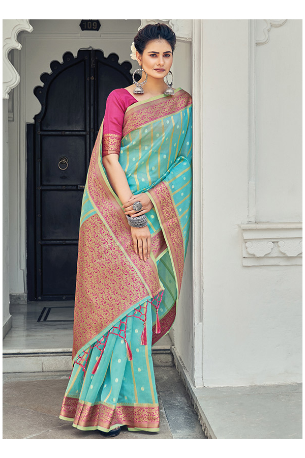 Blue - Flower Printed Organza Saree: Handwork & Cutwork Border | Sia