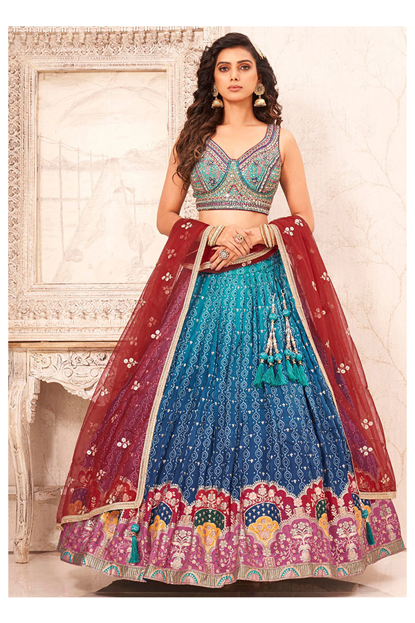 Sky Blue Lehenga Choli In Butterfly Mono Net With Embroidery Work –  ReplicaVilla