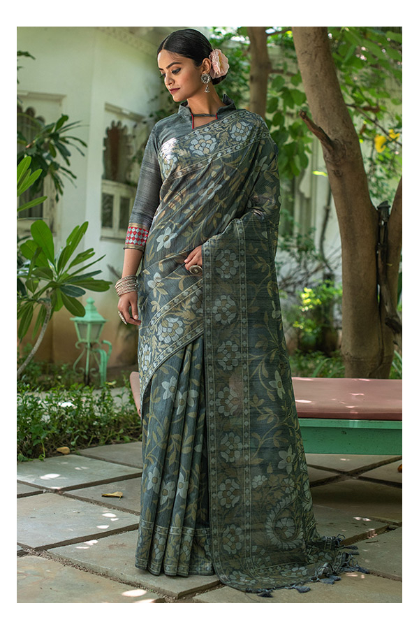 Slate Grey Jamdani Design Tussar Silk Saree