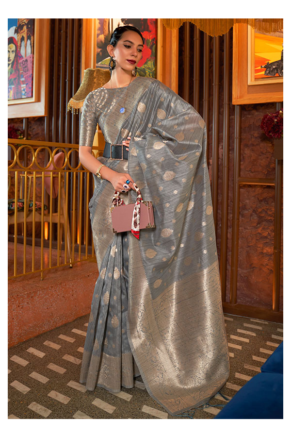 Buy ALLSILK HANDLOOM WOMEN GREY AND BLUE TUSSAR SILK SAREE WITH BLOUSE  PIECE Online at Best Prices in India - JioMart.