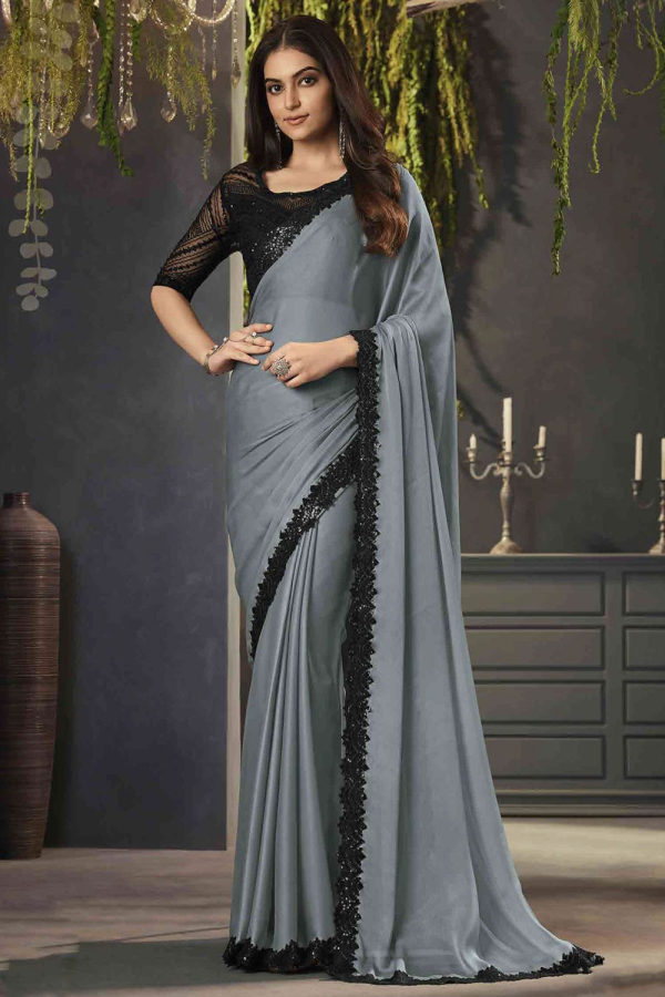 Buy Black And Grey Shaded Saree In Satin Blend With Printed Floral Motifs  And Kundan Accents Online - Kalki Fashion