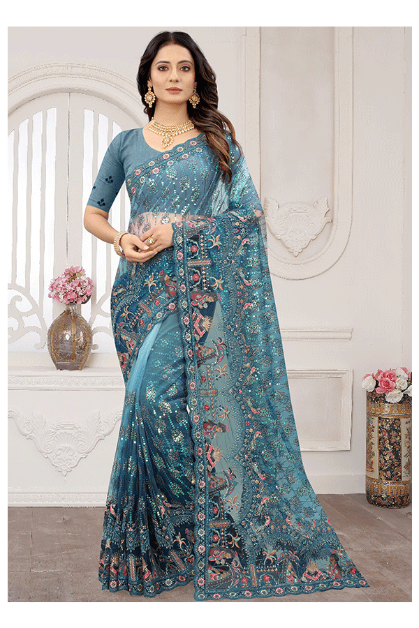 Teal Blue Net Designer Saree