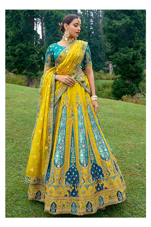 Buy Lime Yellow Lehenga With Floral Print And A Well-Embroidered Silk  Blouse Are Paired With A Blue Chiffon Dupatta