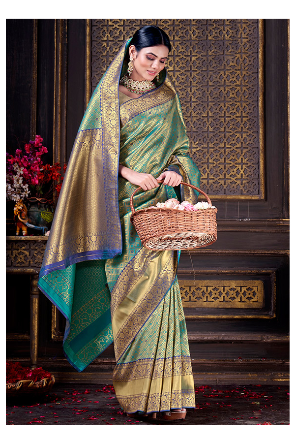 Shop Pleasing Turquoise Silk Embellished Saree | Inddus.com.