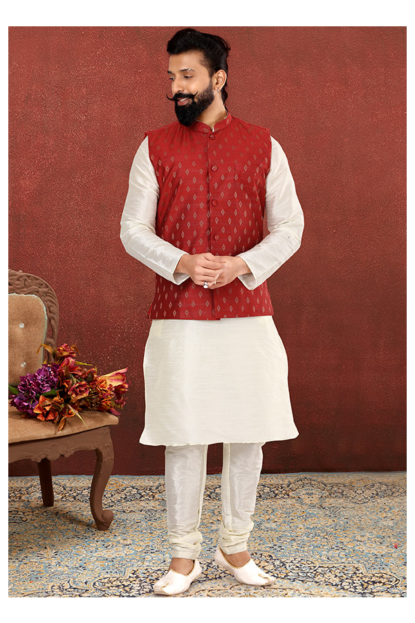 Kurta pajama with red jacket new arrivals