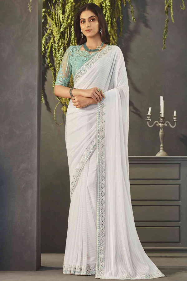 Buy White Blouse Georgette Saree Organza Embroidered Sequins V With For  Women by Vvani by Vani Vats Online at Aza Fashions.