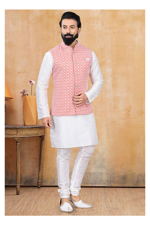 White kurta pajama with pink jacket new arrivals