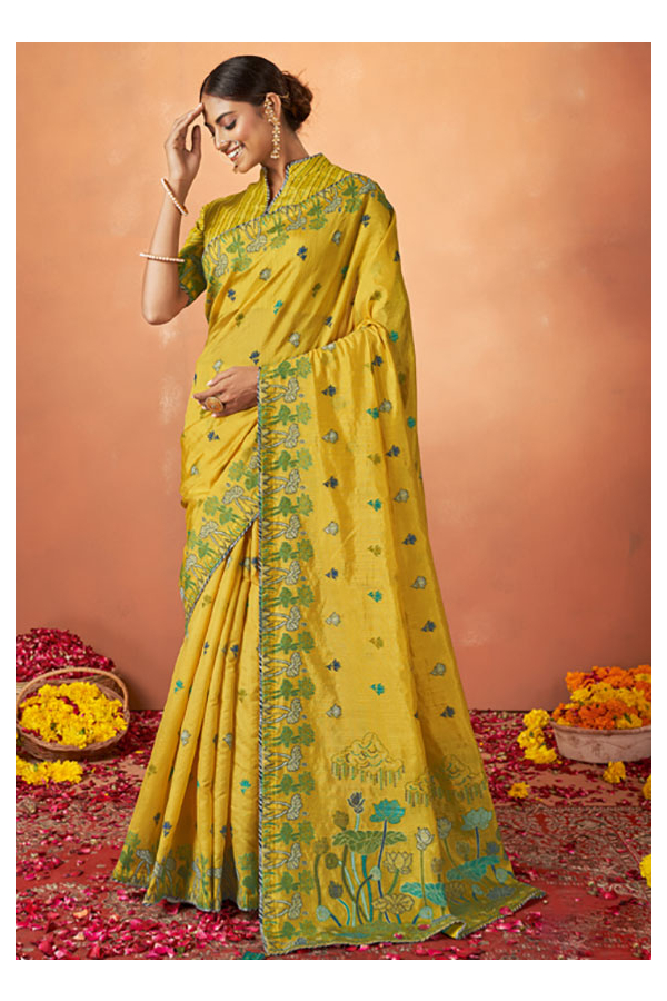 Yellow Plain Rangoli Silk Saree With Heavy Blouse Piece