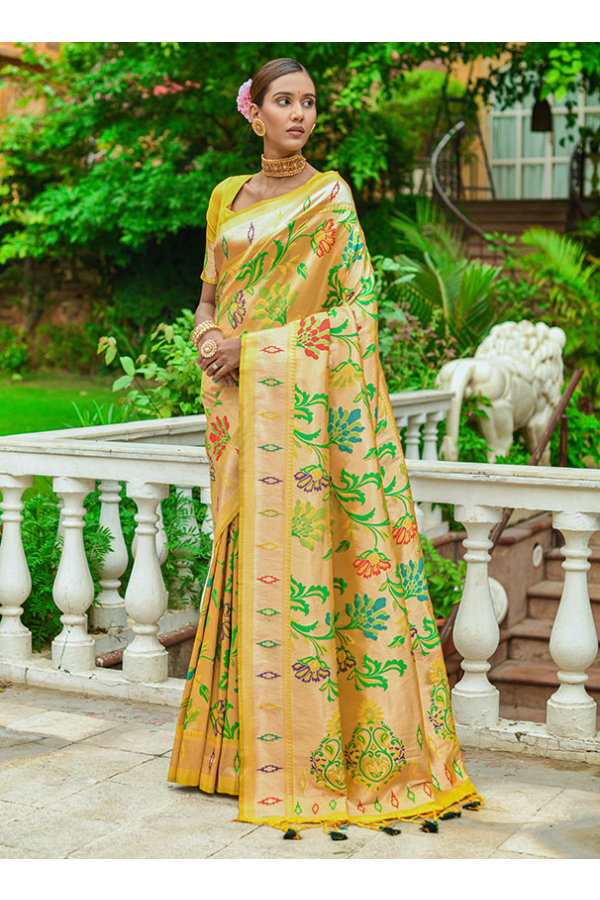 Bee Yellow Paithani Print Brasso Silk Saree With Embroidered Blouse | Kolour